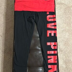 Victoria’s Secret pink black leggings with red LOVE PINK down one leg